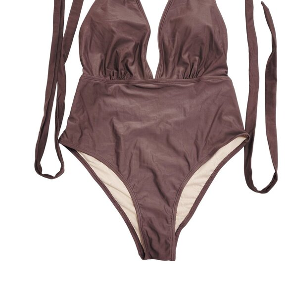 Brown Halter Plunge One-Piece Swimsuit Womens Size M By Cupshe - Picture 4 of 6